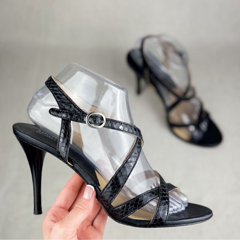 Michael Kors snake embossed heels criss-cross straps, buckle closure size 9M